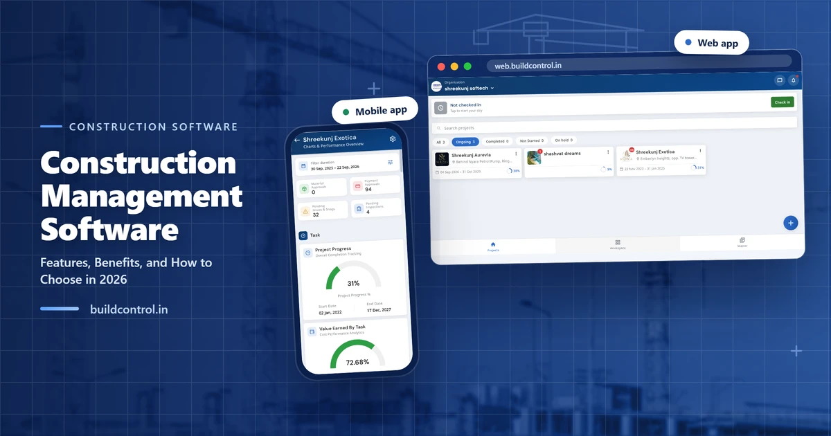 Construction management software dashboard by buildcontrol showing project progress, tasks, attendance and billing on a construction site