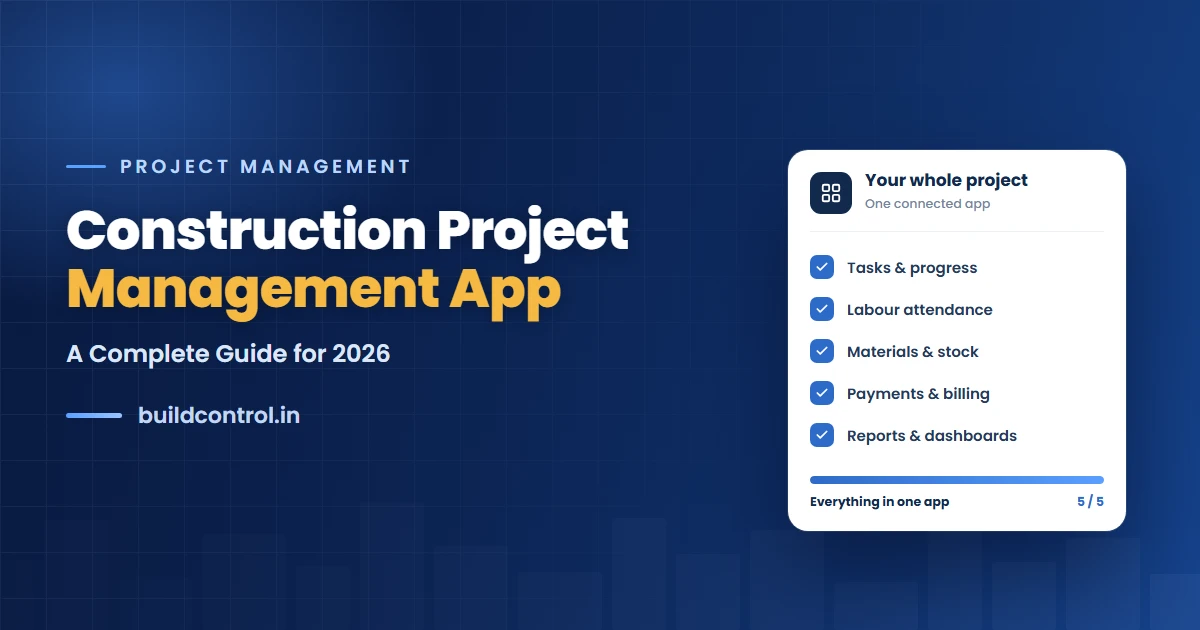 Construction Project Management App - buildcontrol Construction project management app dashboard by buildcontrol showing tasks, progress, materials and payments in one view