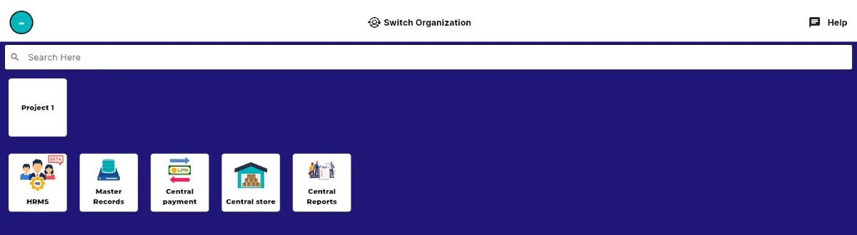 The organisation home, with project tiles above and organisation-wide tools below.