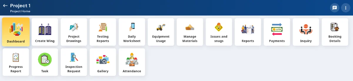 Project Home: Dashboard, Create Wing, Project Drawings, Testing Reports, Daily Worksheet, Equipment Usage, Manage Materials, Issues and snags, Reports, Payments, Inquiry, Booking Details, Progress Report, Task, Inspection Request, Gallery and Attendance.